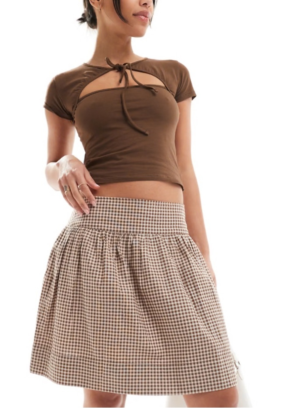 Motel Rocks Brown Gingham Mini Skirt Cottagecore Coquette Size M